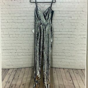 Jovani women’s Jumpsuit silver sparkly rainbow size 6